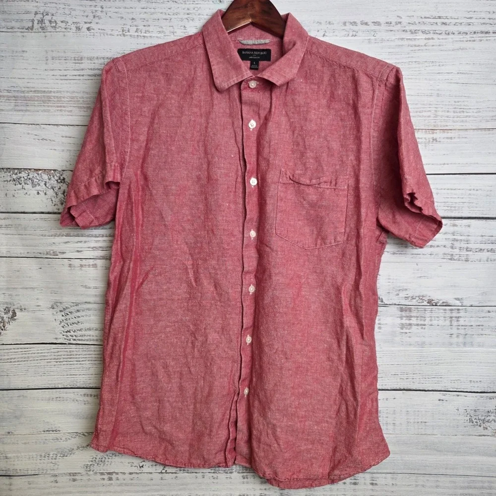 Banana Republic Shirt Mens Large Red Linen Blend Slim Fit Short Sleeve Button Up